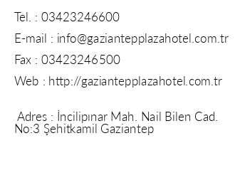 Gaziantep Plaza Hotel iletiim bilgileri